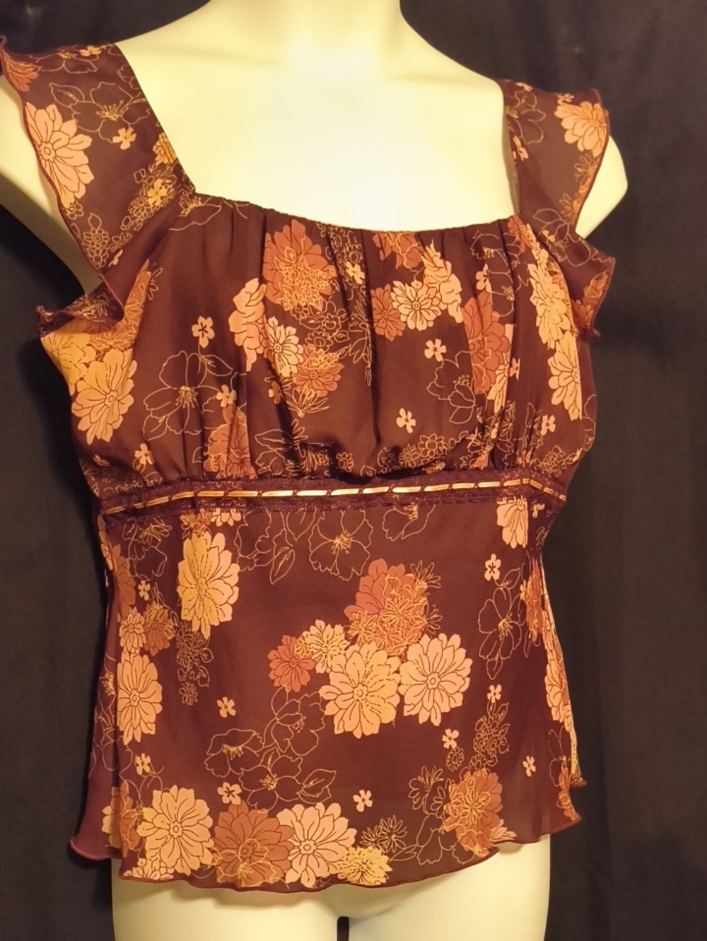 Fashion Bug Burgundy & Pink Floral Square-Neck Camisole with Peach Blooms #0118